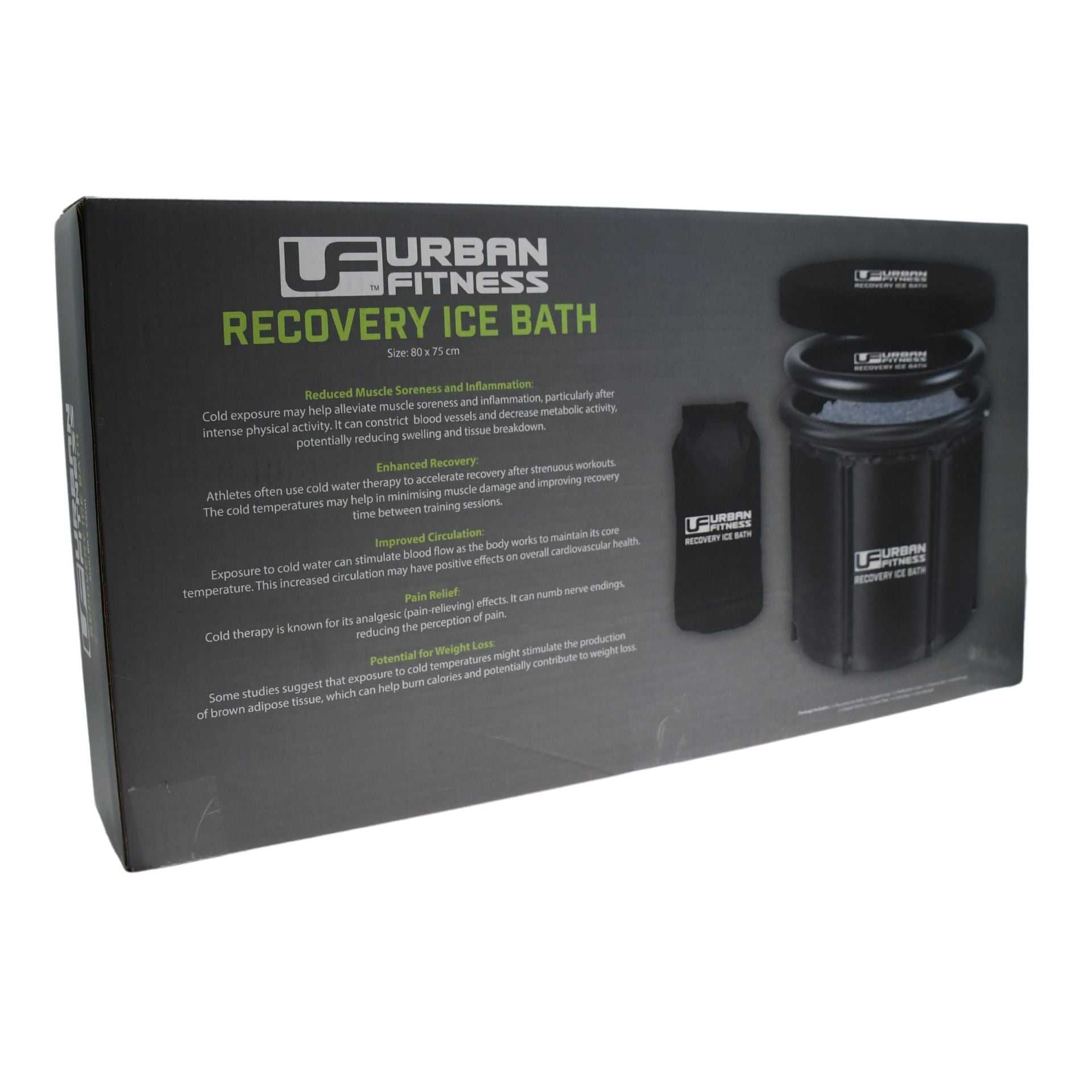 A black rectangular box labeled Urban Fitness Recovery Ice Bath by Urban Fitness, featuring images of a large tub, cover, and carry bag. Text promotes cold therapy for reduced soreness, faster recovery, and better circulation.