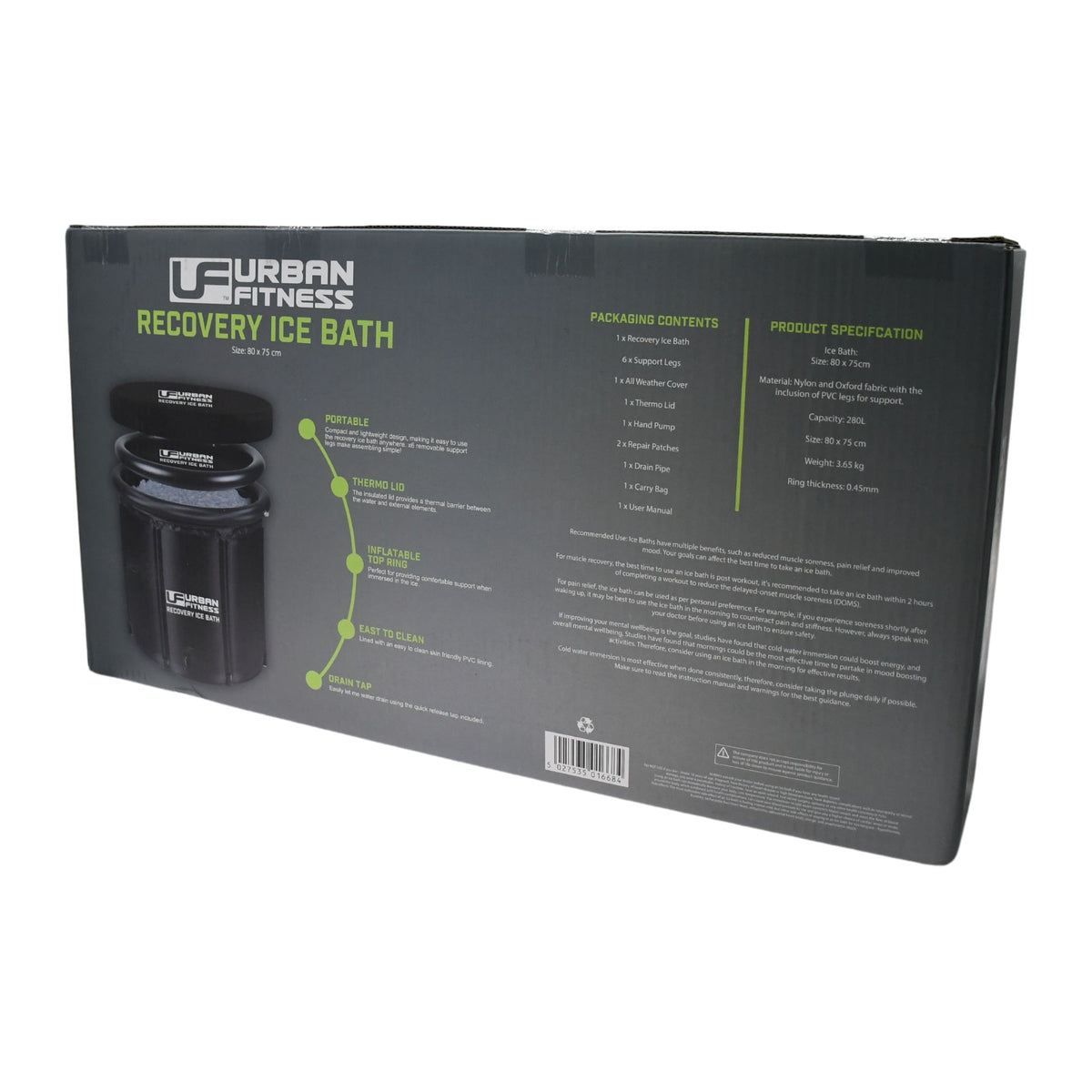 Back of an Urban Fitness Recovery Ice Bath box displays the product image and highlights its cold therapy benefits, package contents, and specifications in white and green text on a dark background. Brand: Urban Fitness. Product: Recovery Ice Bath.