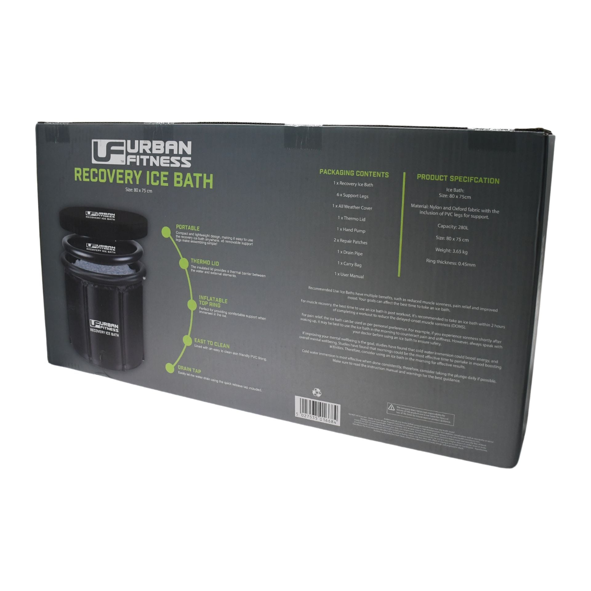 Back of an Urban Fitness Recovery Ice Bath box displays the product image and highlights its cold therapy benefits, package contents, and specifications in white and green text on a dark background. Brand: Urban Fitness. Product: Recovery Ice Bath.