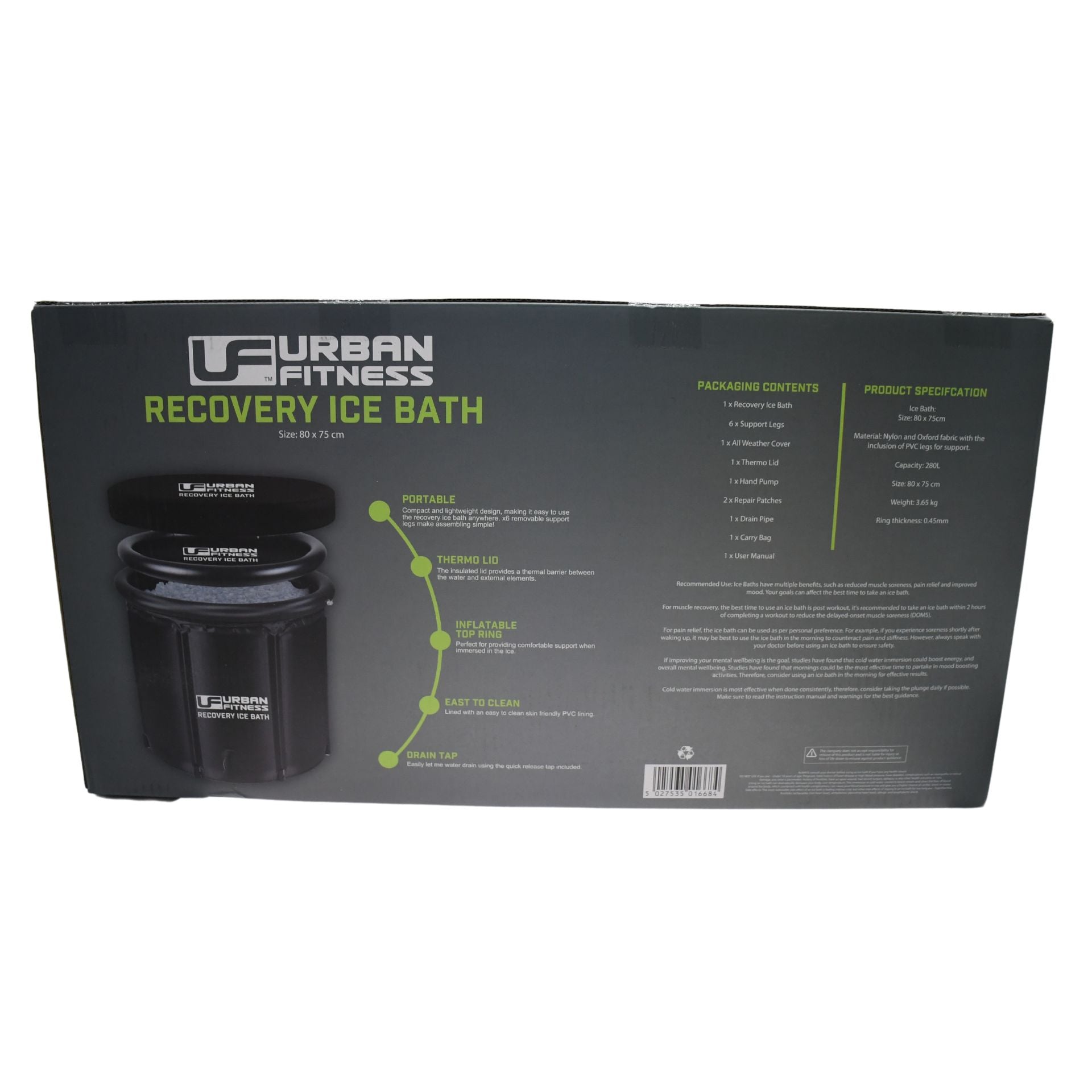 Urban Fitness Recovery Ice Bath box features the product image, highlights cold therapy benefits, portability, thermal lid, and size details. Packaging lists contents and specs on a gray background. Brand: Urban Fitness.