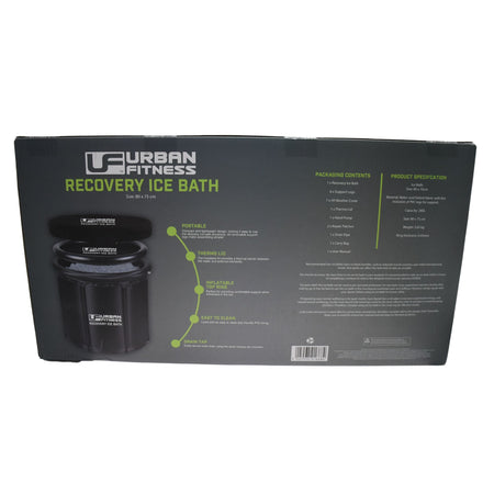 Urban Fitness Recovery Ice Bath box features the product image, highlights cold therapy benefits, portability, thermal lid, and size details. Packaging lists contents and specs on a gray background. Brand: Urban Fitness.