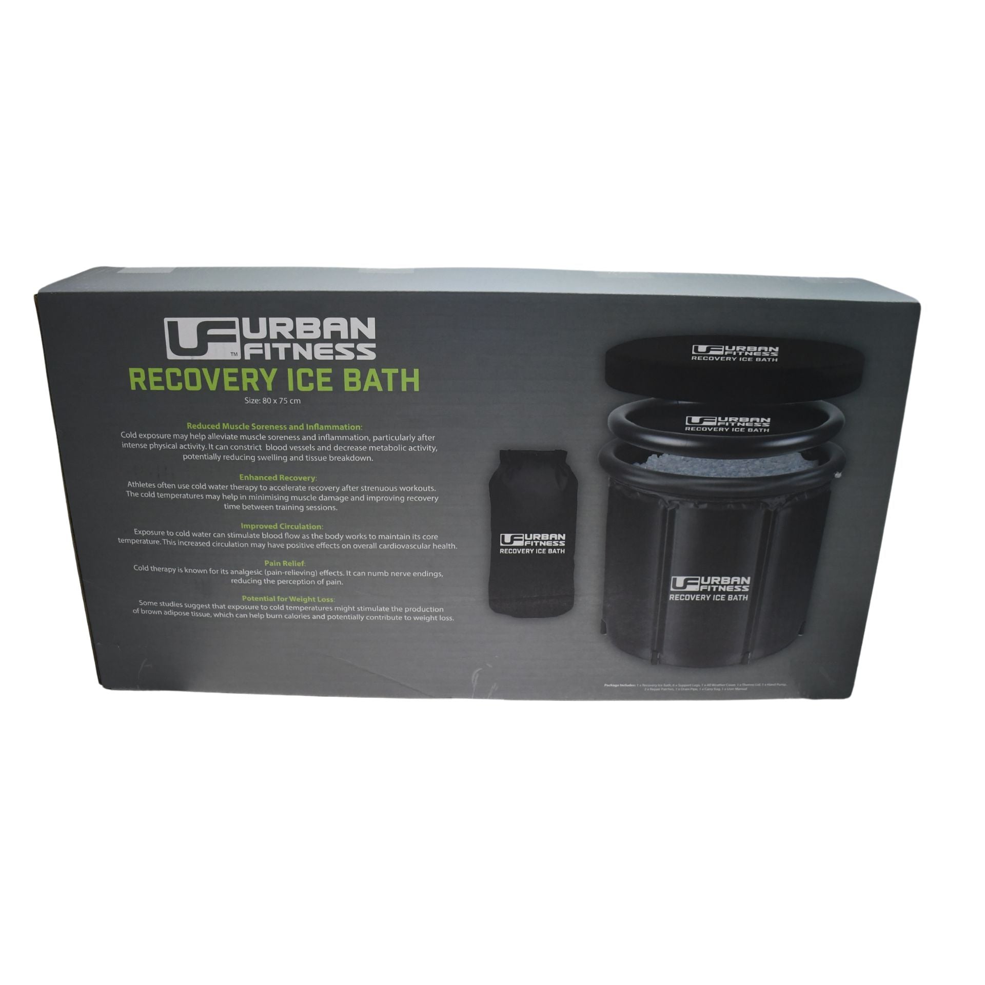A box labeled Urban Fitness Recovery Ice Bath from Urban Fitness shows images of the black portable bath, its lid, and carrying pouch. The packaging promotes cold therapy benefits and highlights features to enhance your recovery routine.