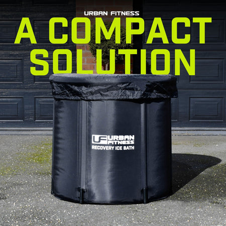 A black Urban Fitness Recovery Ice Bath by Urban Fitness sits on pavement outside a closed garage door. Above it, large green text reads "A COMPACT SOLUTION.
