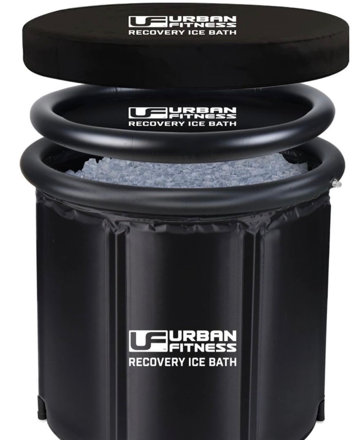 The Urban Fitness Recovery Ice Bath tub in black is filled with ice for cold therapy, shown with its lid removed and placed above. The Urban Fitness branding appears on both the tub and the lid.