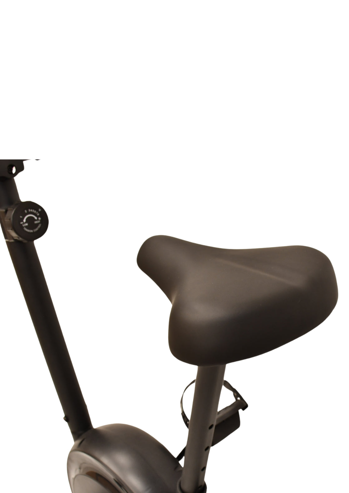 Close-up of the Urban Fitness Magnetic Exercise Bike's black seat, showing part of the seat post and adjustment knob; ideal for home cardio. The background is plain white.