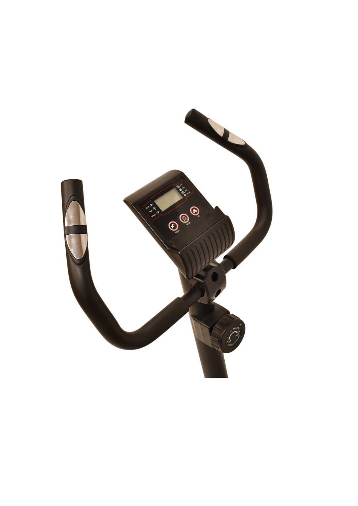 A close-up of the Urban Fitness Magnetic Exercise Bike’s handlebars and digital display, featuring control buttons and a resistance adjustment knob for personalized home cardio workouts. Brand: Urban Fitness.