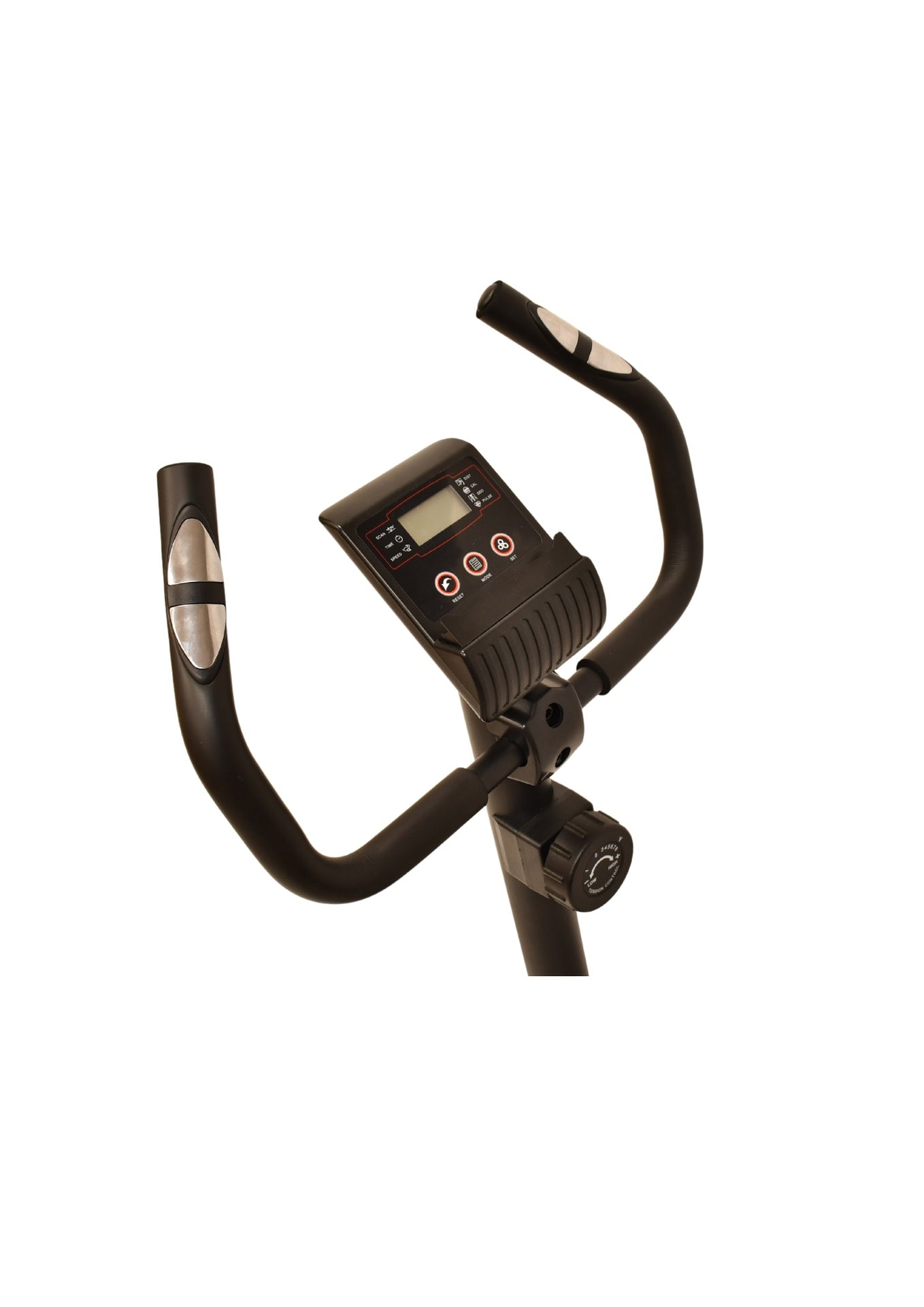 A close-up of the Urban Fitness Magnetic Exercise Bike’s handlebars and digital display, featuring control buttons and a resistance adjustment knob for personalized home cardio workouts. Brand: Urban Fitness.