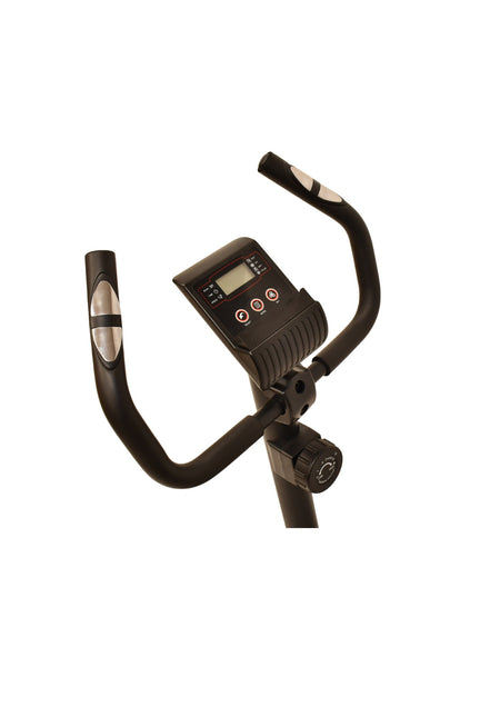 A close-up of the Urban Fitness Magnetic Exercise Bike’s handlebars and digital display, featuring control buttons and a resistance adjustment knob for personalized home cardio workouts. Brand: Urban Fitness.