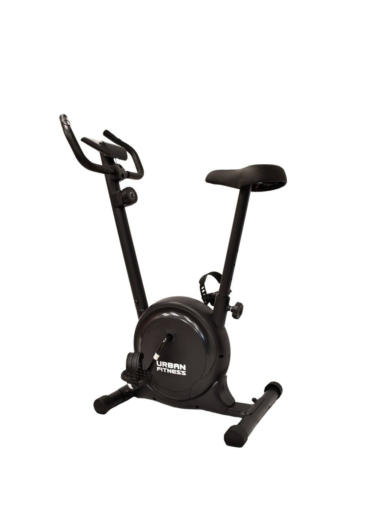 The Urban Fitness Magnetic Exercise Bike, branded in white on the frame, is a black bike with handlebars, a seat, and pedals. It offers adjustable resistance for home cardio workouts and is shown against a white background.