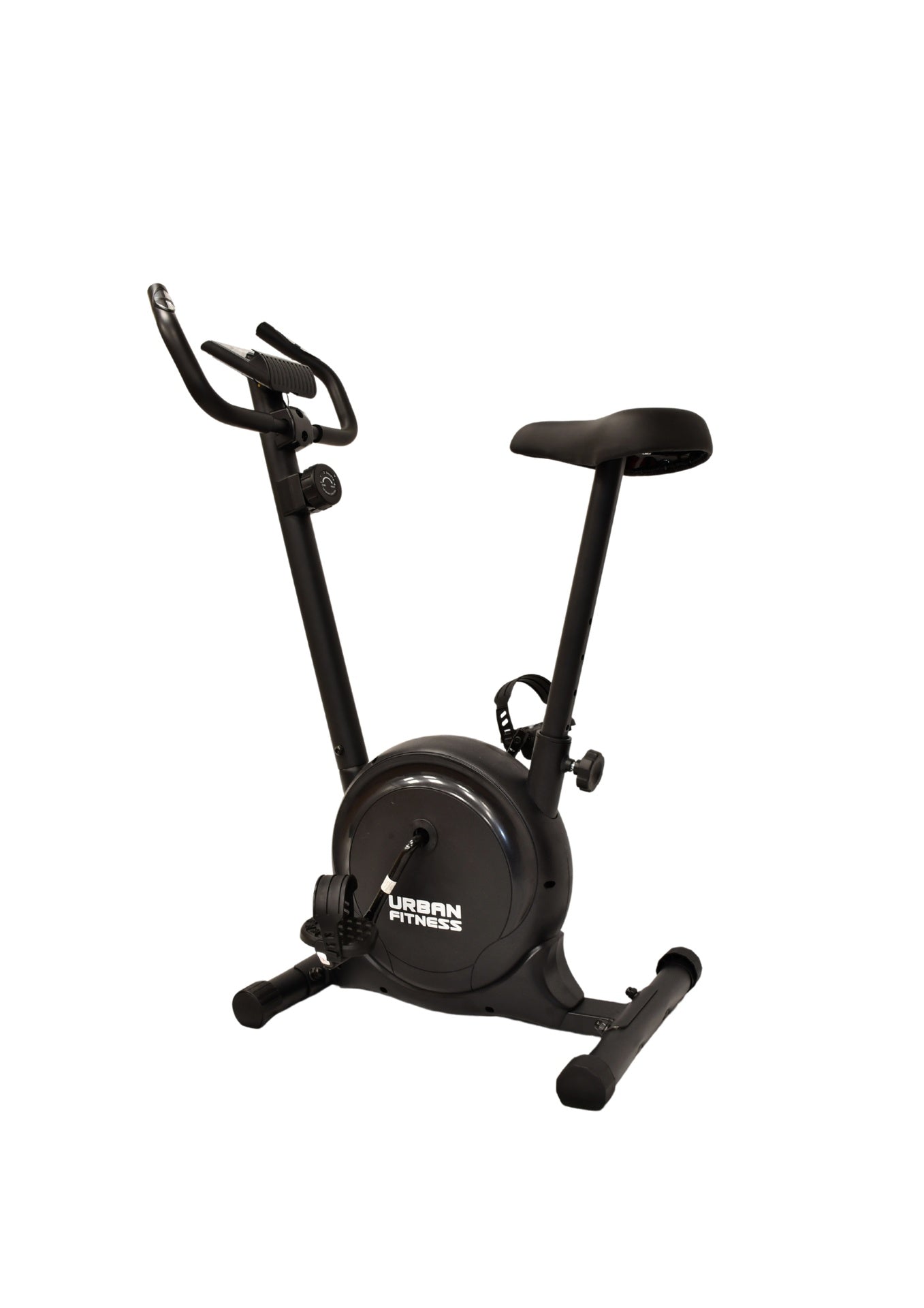 The Urban Fitness Magnetic Exercise Bike, branded in white on the frame, is a black bike with handlebars, a seat, and pedals. It offers adjustable resistance for home cardio workouts and is shown against a white background.