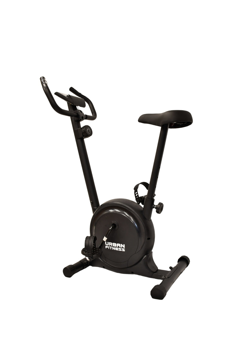 The Urban Fitness Magnetic Exercise Bike, branded in white on the frame, is a black bike with handlebars, a seat, and pedals. It offers adjustable resistance for home cardio workouts and is shown against a white background.