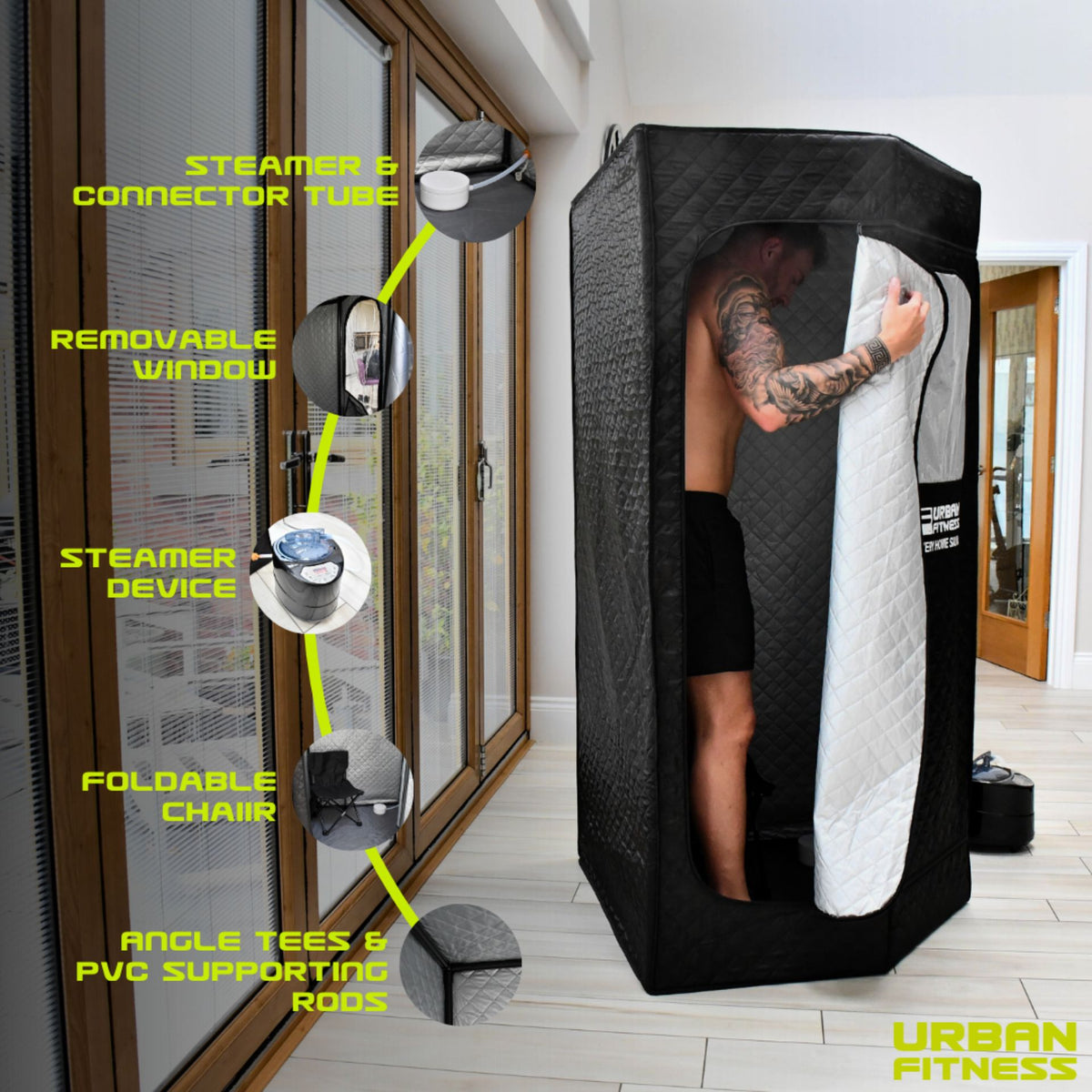 A man enjoys heat therapy inside the Urban Fitness Recovery Home Sauna. Insets highlight the steamer, connector tube, removable window, foldable chair, and PVC rods. Urban Fitness branding appears at the bottom right.