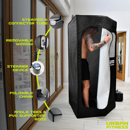 A man enjoys heat therapy inside the Urban Fitness Recovery Home Sauna. Insets highlight the steamer, connector tube, removable window, foldable chair, and PVC rods. Urban Fitness branding appears at the bottom right.