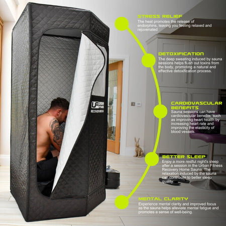 A man sits inside the Urban Fitness Recovery Home Sauna by Urban Fitness in a modern kitchen. Text highlights benefits: stress relief, detox, heart health, better sleep, and mental clarity from convenient at-home heat therapy.