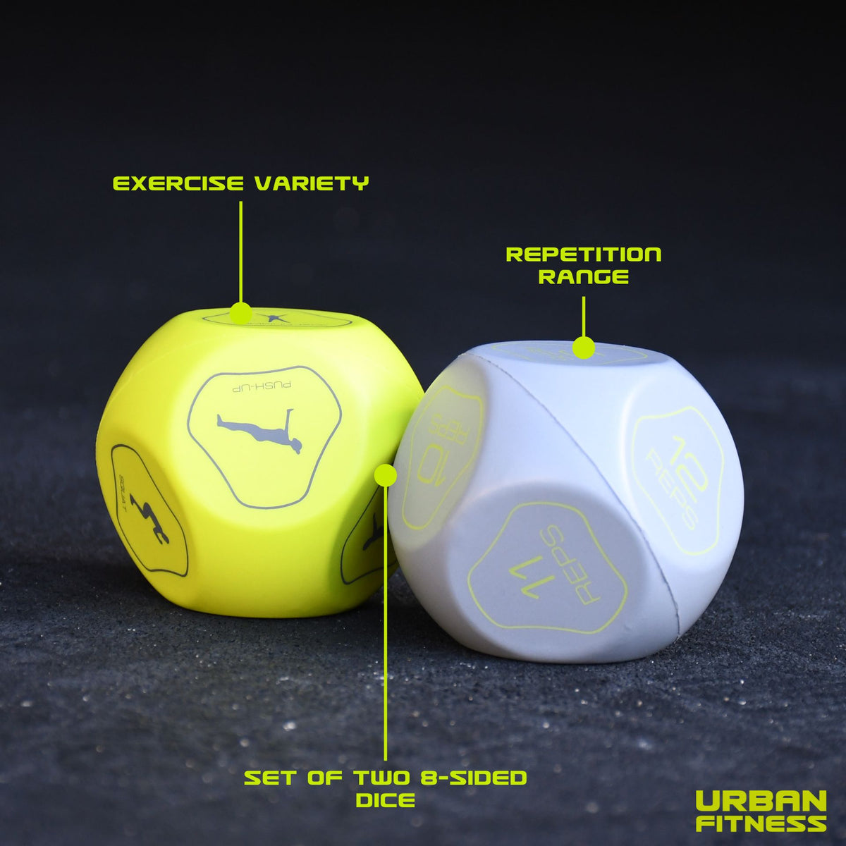 Urban Fitness Fitness Dice: Two 8-sided dice—one yellow with exercise icons, one gray with numbers—offer workout variety and rep ranges for fun home workouts. Urban Fitness logo shown on a dark surface.