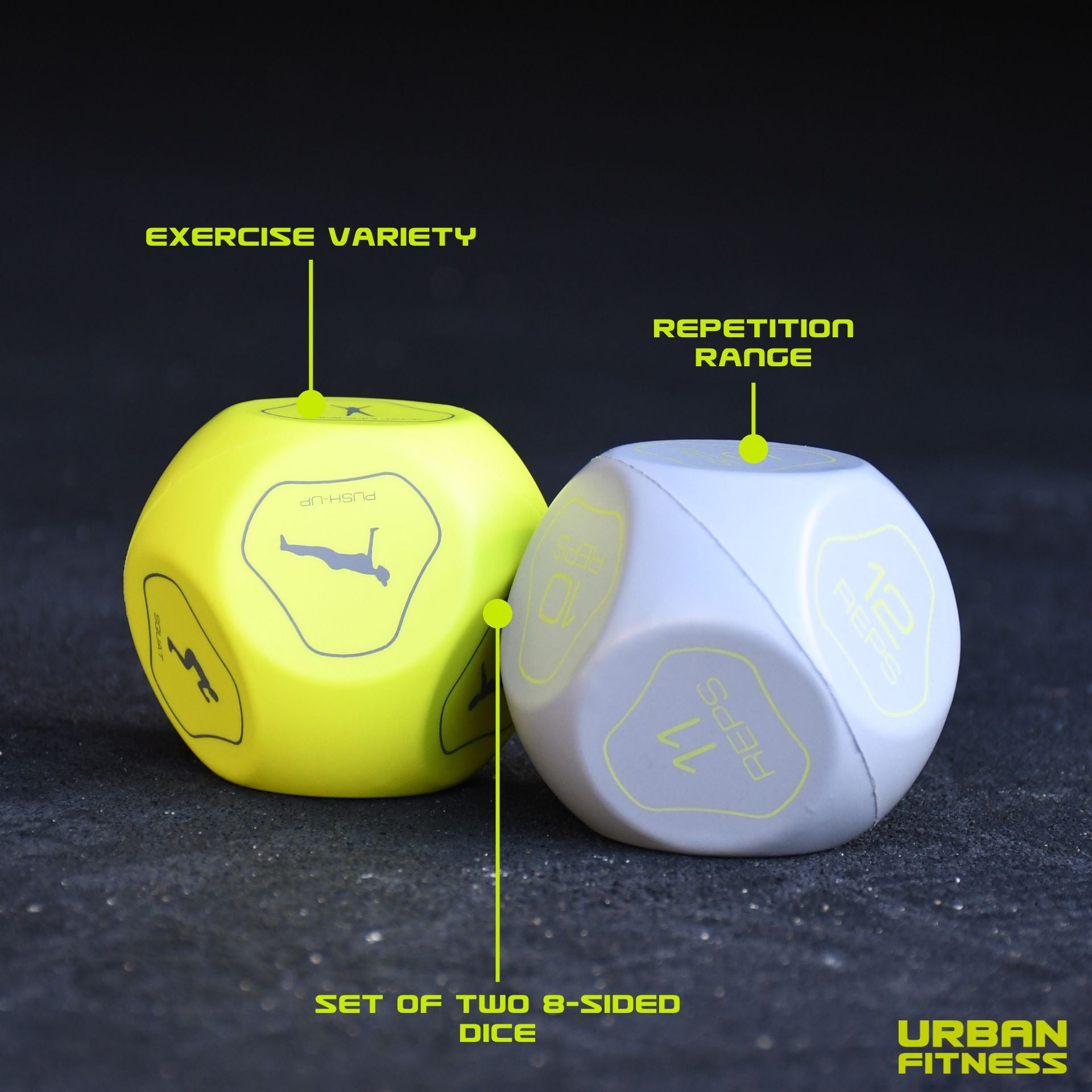 Urban Fitness Fitness Dice: Two 8-sided dice—one yellow with exercise icons, one gray with numbers—offer workout variety and rep ranges for fun home workouts. Urban Fitness logo shown on a dark surface.