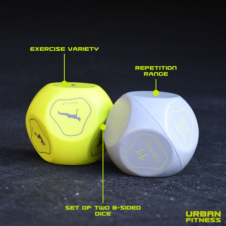 Urban Fitness Fitness Dice: Two 8-sided dice—one yellow with exercise icons, one gray with numbers—offer workout variety and rep ranges for fun home workouts. Urban Fitness logo shown on a dark surface.