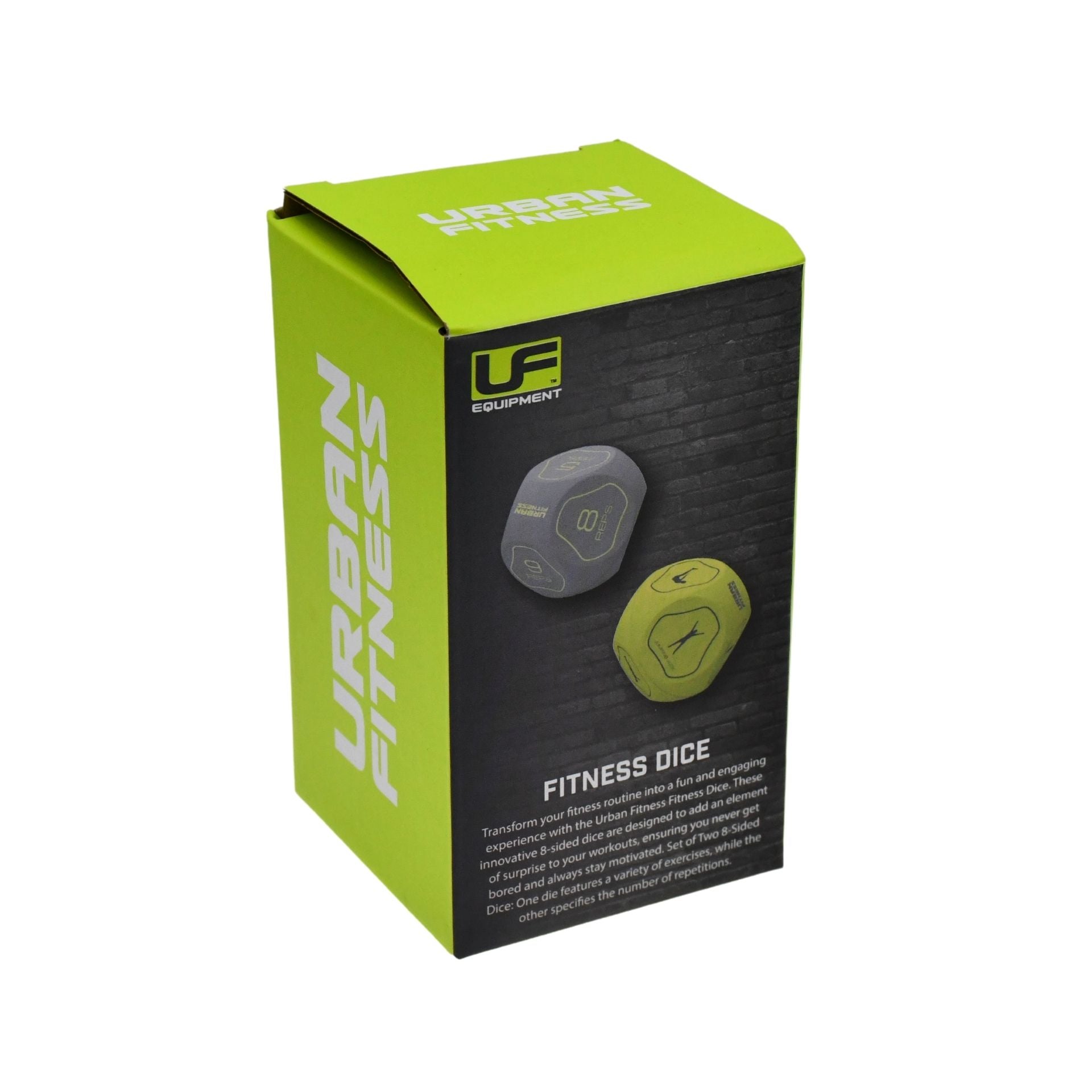 The green and black Urban Fitness Fitness Dice box features sporty, modern design with bold typography, dice images, and a brief product description—making this Urban Fitness home workout tool stand out.