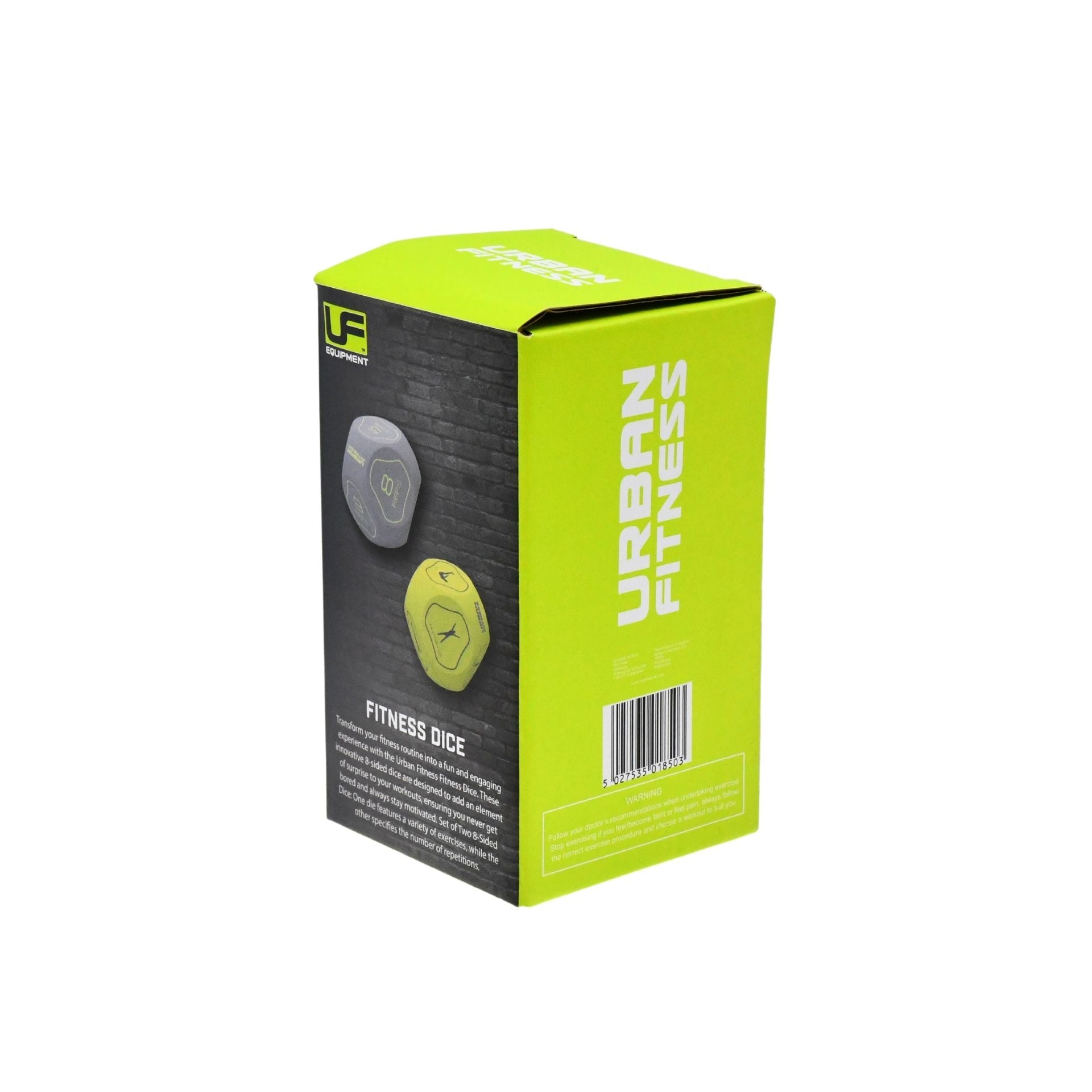 A green and black Urban Fitness box features images of two Fitness Dice—a fun workout tool for home use. The package shows the Urban Fitness brand, a barcode, and a product description near the bottom.