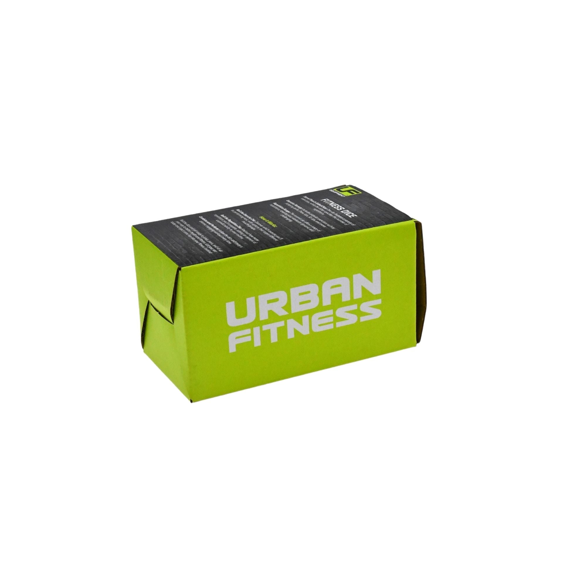A green and black rectangular box labeled "Urban Fitness Fitness Dice" in bold white letters, perfect for home workouts, from the Urban Fitness brand, shown against a plain white background.