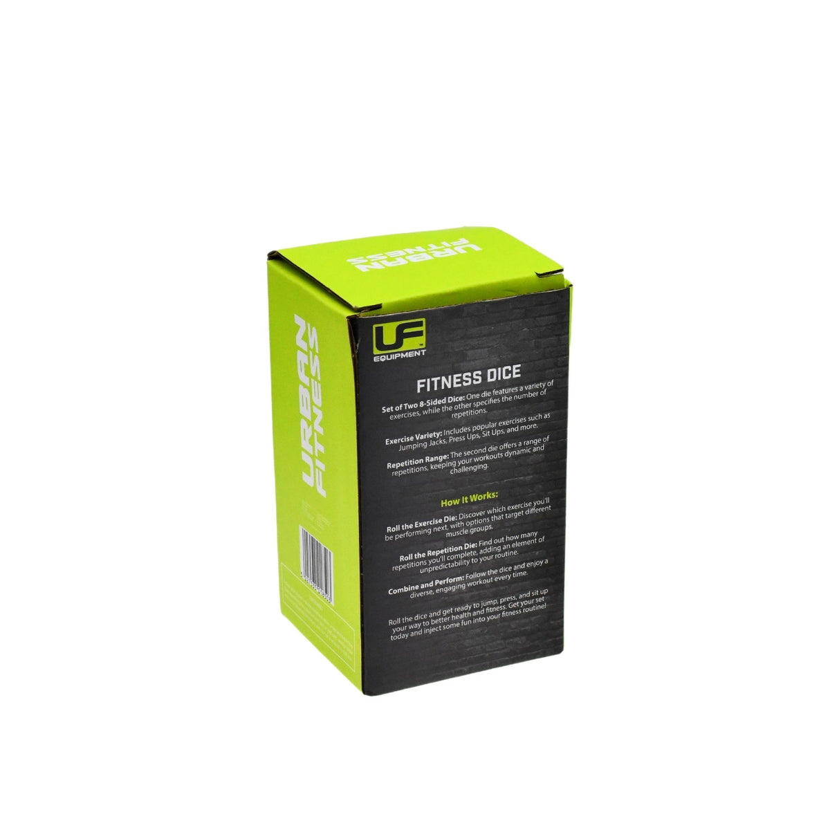 A green and black box labeled Urban Fitness Fitness Dice stands upright on a white background, displaying this unique workout tool with product info and instructions for fun home exercises on the front.