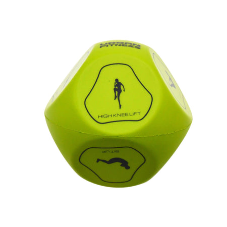 The Urban Fitness Fitness Dice by Urban Fitness is a yellow workout tool featuring “High Knee Lift” with a matching silhouette and “Sit Up,” making home workouts fun and effective.
