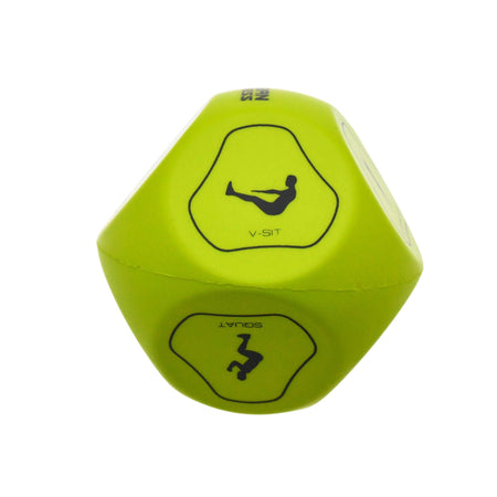 The Urban Fitness Fitness Dice by Urban Fitness is a green 12-sided workout tool displaying icons and illustrations for V-sit and squat—ideal for home fitness routines.