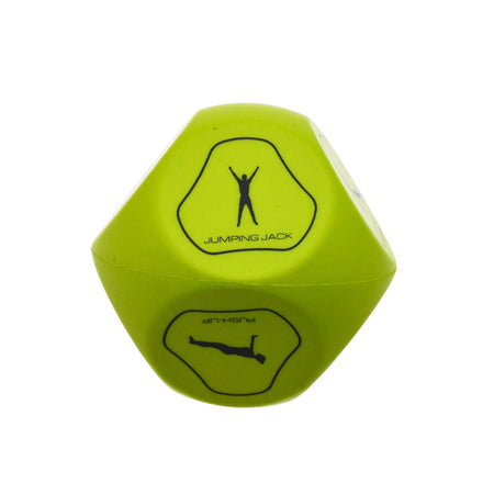The Urban Fitness Fitness Dice by Urban Fitness is a green, 12-sided die featuring a stick figure doing a jumping jack and the words "JUMPING JACK" on one face, making it a fun tool for home workouts.