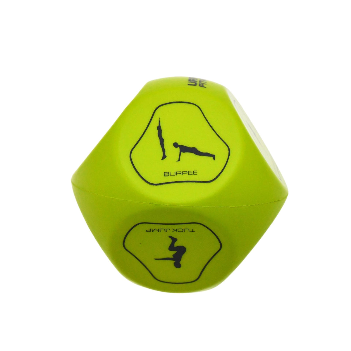 The Urban Fitness Fitness Dice by Urban Fitness is a yellow workout tool featuring illustrated instructions and icons, like a burpee, on each face to guide you through different home exercises.