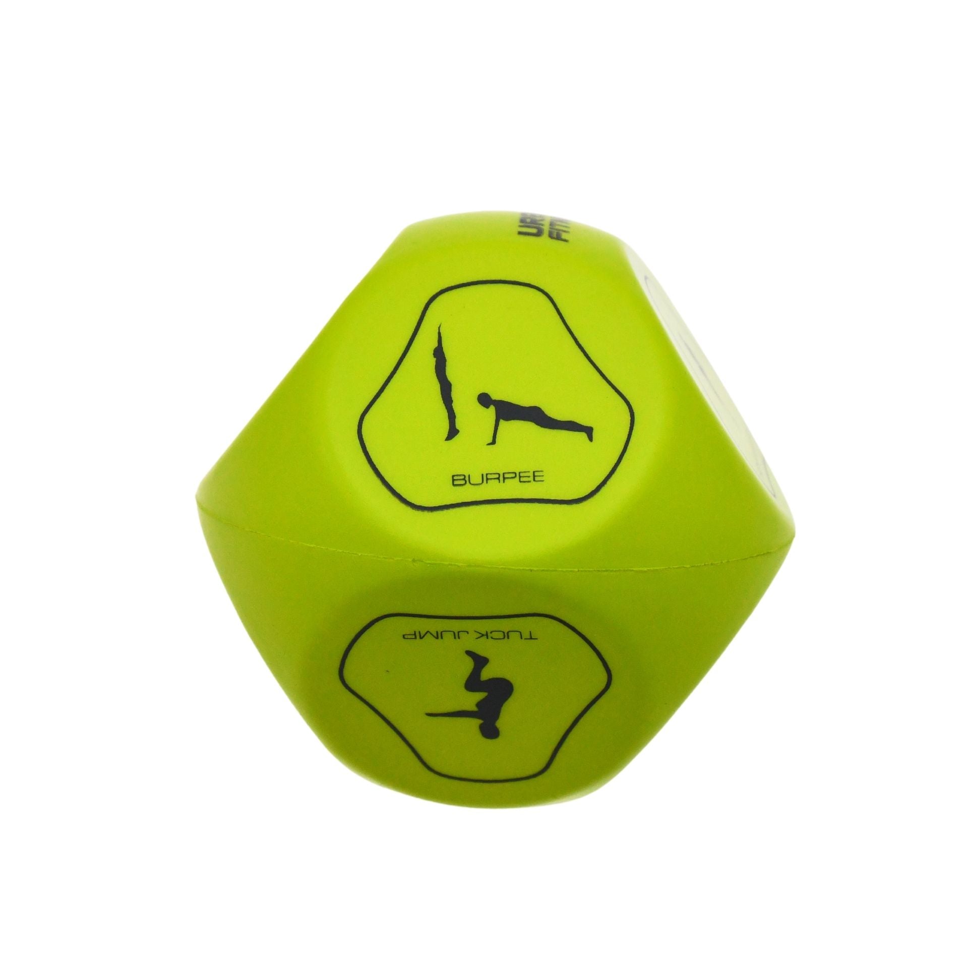 The Urban Fitness Fitness Dice by Urban Fitness is a yellow workout tool featuring illustrated instructions and icons, like a burpee, on each face to guide you through different home exercises.