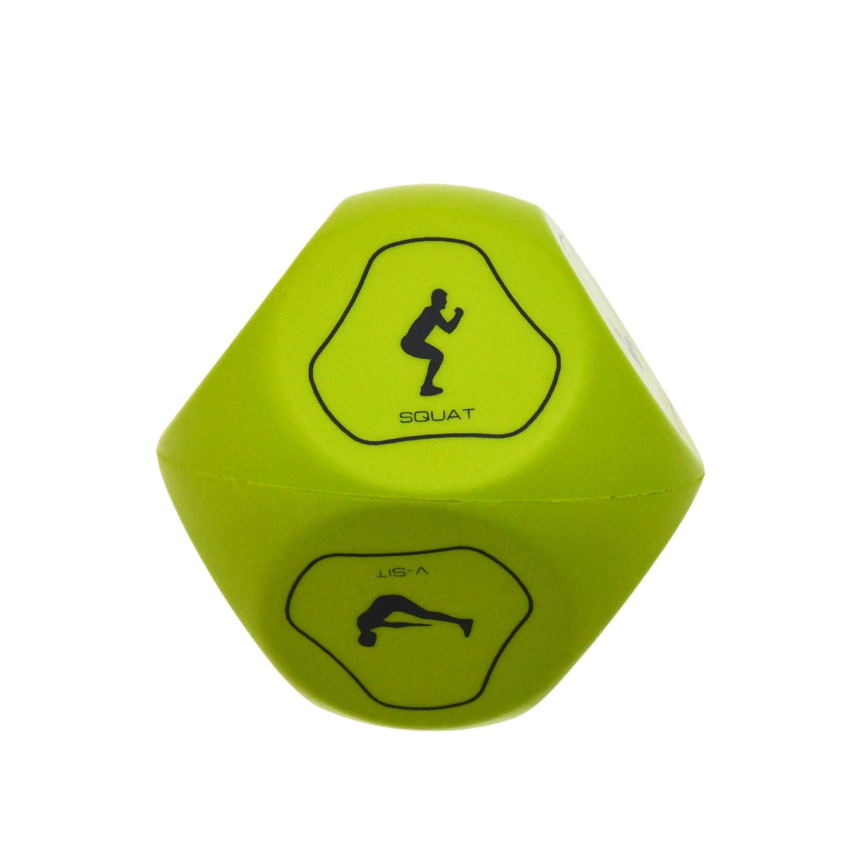 The Urban Fitness Fitness Dice by Urban Fitness is a yellow, hexagonal dice with a black squatting icon and the word "SQUAT" beneath it—ideal for adding fun to your home workouts.