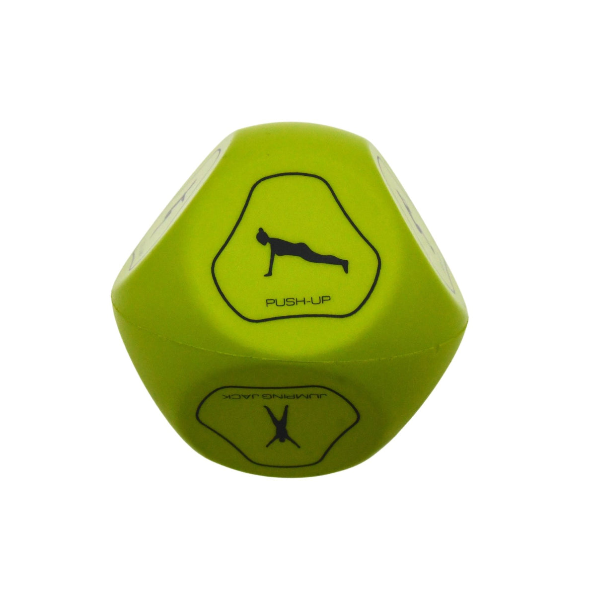 The Urban Fitness Fitness Dice by Urban Fitness is a green 12-sided dice featuring a push-up icon and the word PUSH-UP—perfect for making home workouts fun and engaging.