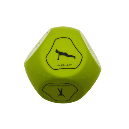 The Urban Fitness Fitness Dice by Urban Fitness is a green 12-sided dice featuring a push-up icon and the word PUSH-UP—perfect for making home workouts fun and engaging.