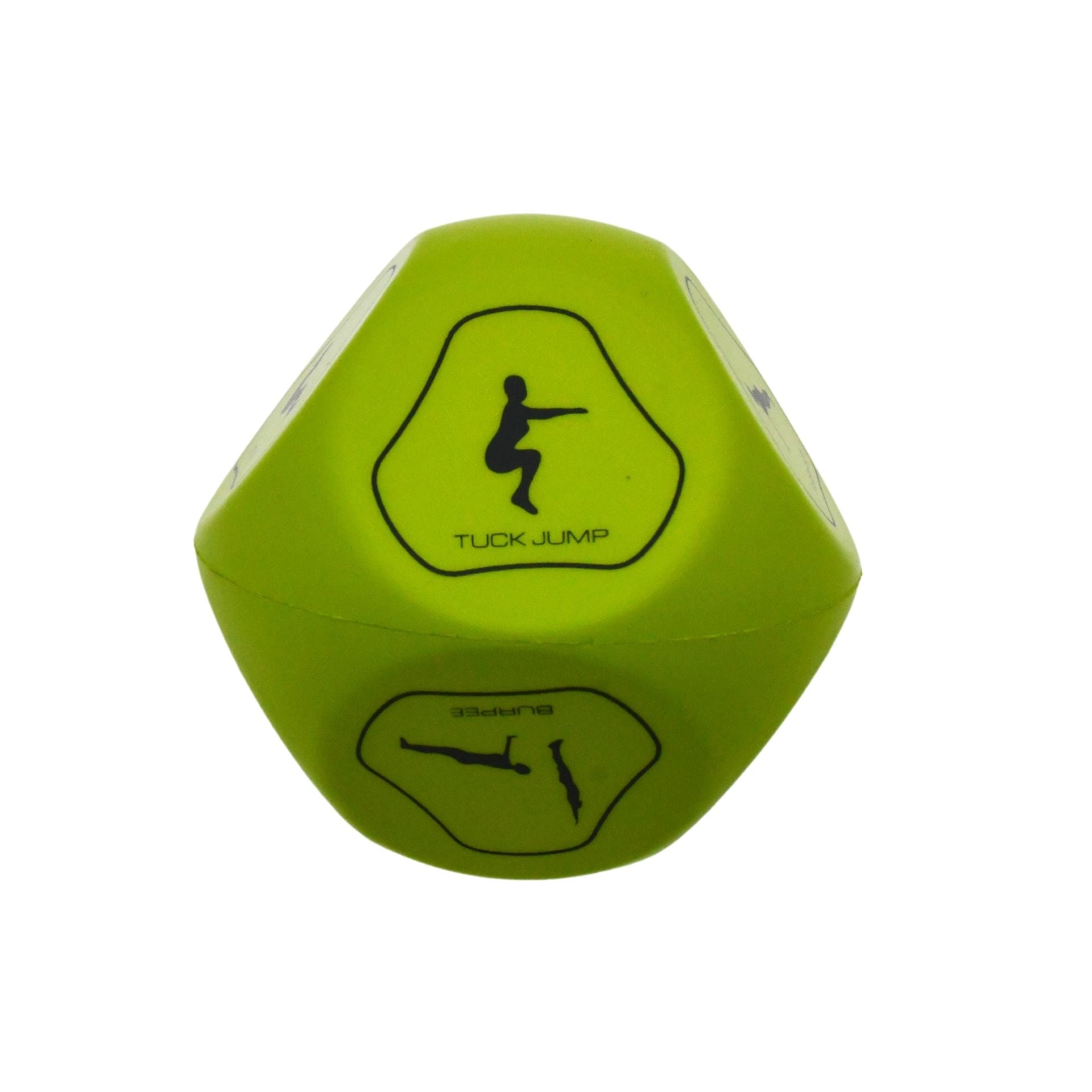 The Urban Fitness Fitness Dice by Urban Fitness is ideal for home workouts, featuring a green design with a squat jump icon and "TUCK JUMP" printed below.