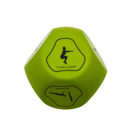 The Urban Fitness Fitness Dice by Urban Fitness is ideal for home workouts, featuring a green design with a squat jump icon and "TUCK JUMP" printed below.