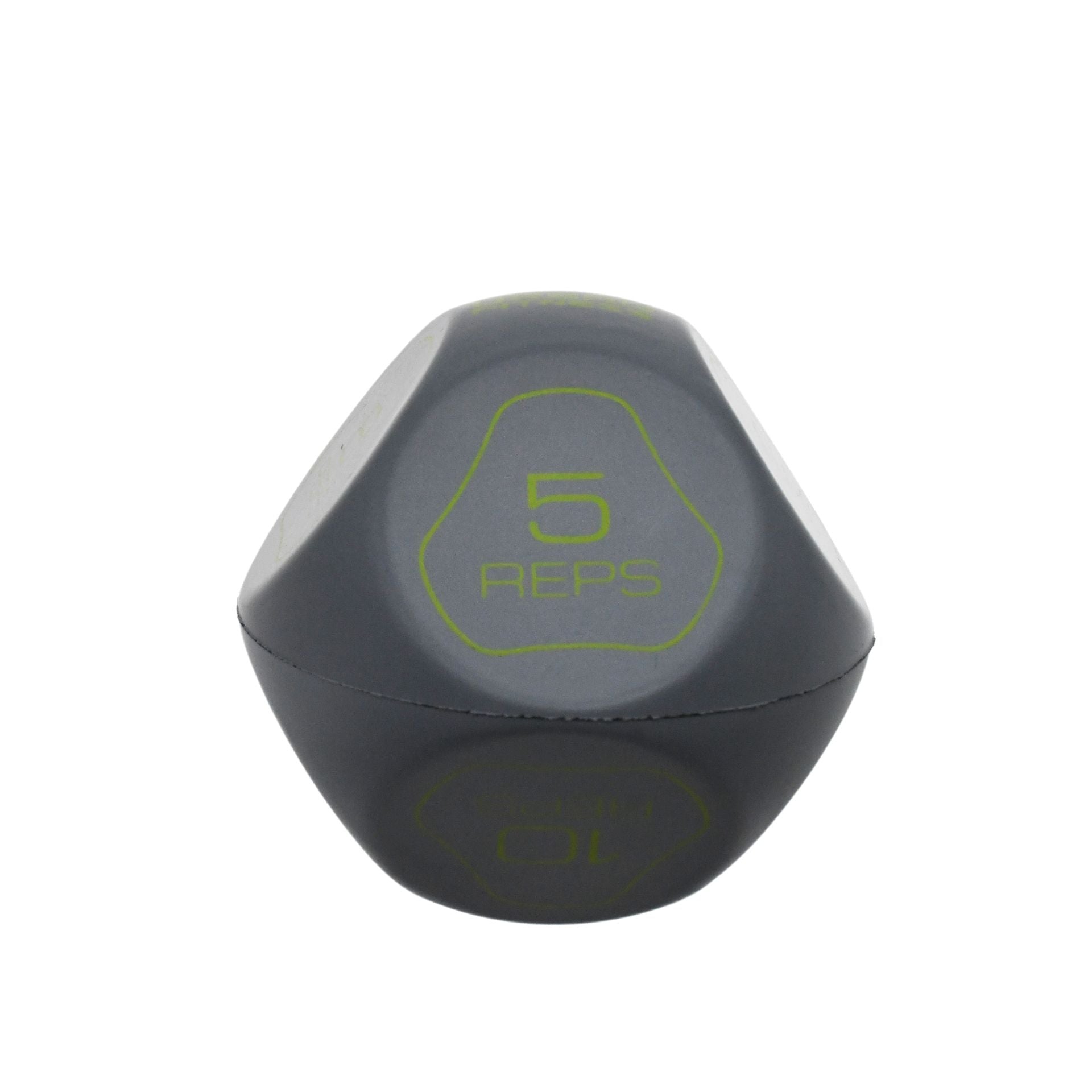 The Urban Fitness Fitness Dice by Urban Fitness is a gray, twelve-sided dice featuring 5 REPS in bright green, adding fun and variety to your home workouts by randomizing exercises.