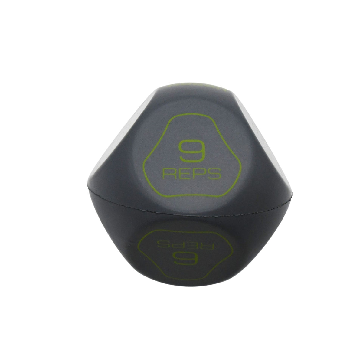 The Urban Fitness Fitness Dice by Urban Fitness is a black, geometric 12-sided die with yellow-green text showing "9 REPS" on one face—ideal for choosing workout repetitions during home fitness routines.