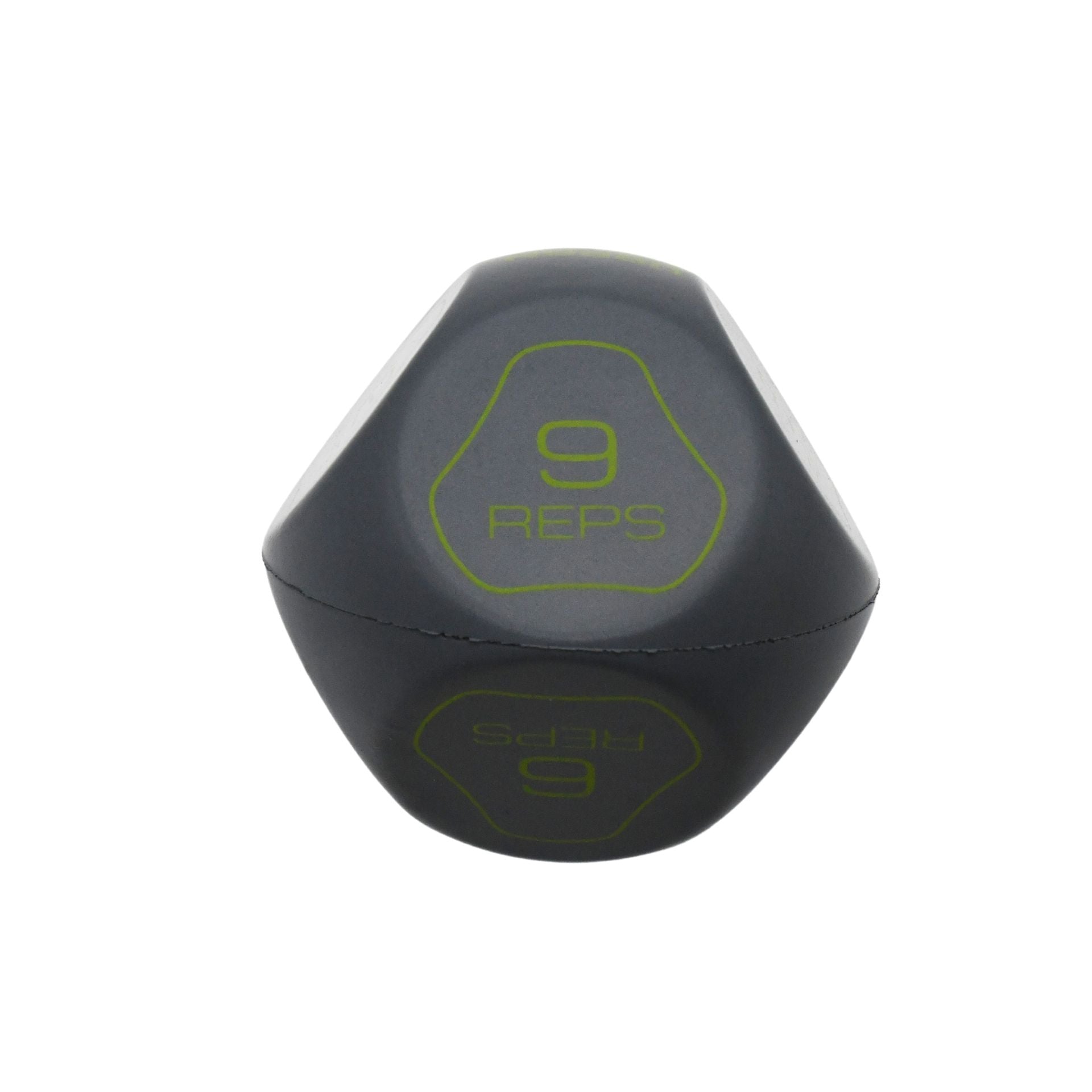 The Urban Fitness Fitness Dice by Urban Fitness is a black, geometric 12-sided die with yellow-green text showing "9 REPS" on one face—ideal for choosing workout repetitions during home fitness routines.