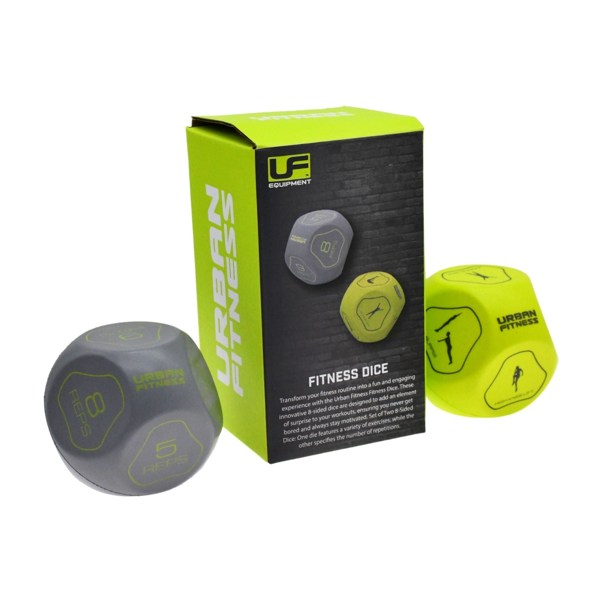 Urban Fitness Fitness Dice by Urban Fitness includes two green and gray dice in a branded box. Each die shows exercise icons and reps, with instructions for creative home workouts on the packaging.
