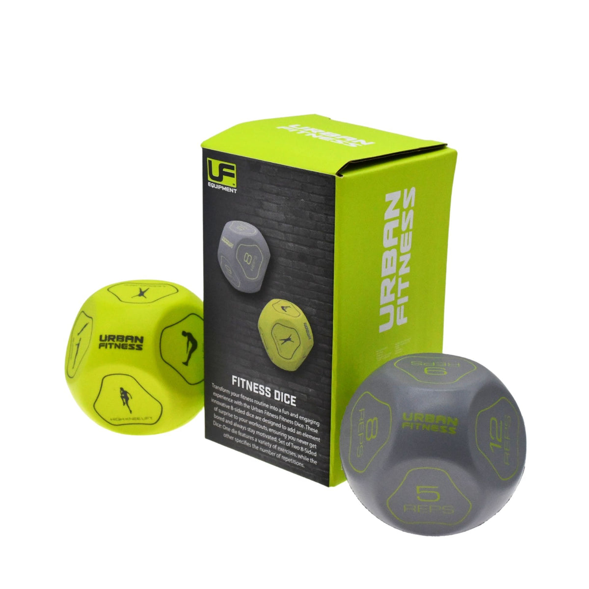 The Urban Fitness Fitness Dice by Urban Fitness includes two yellow dice with exercise graphics and repeats, displayed next to a green-and-black branded box—an engaging tool for adding variety to your home workouts.