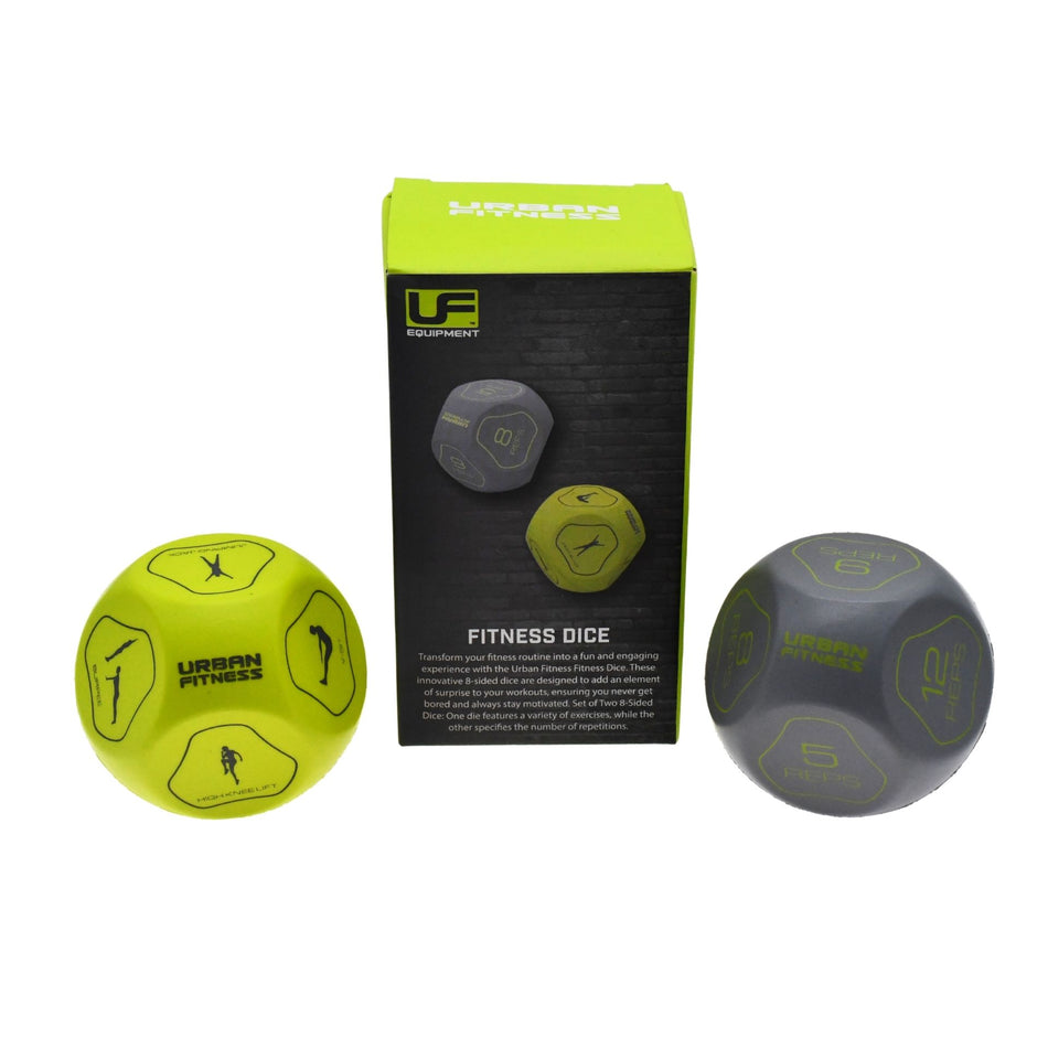 The Urban Fitness Fitness Dice by Urban Fitness features one yellow and one gray die with exercise icons and numbers, packaged in black and green. This tool adds fun variety and challenge to your home workouts.