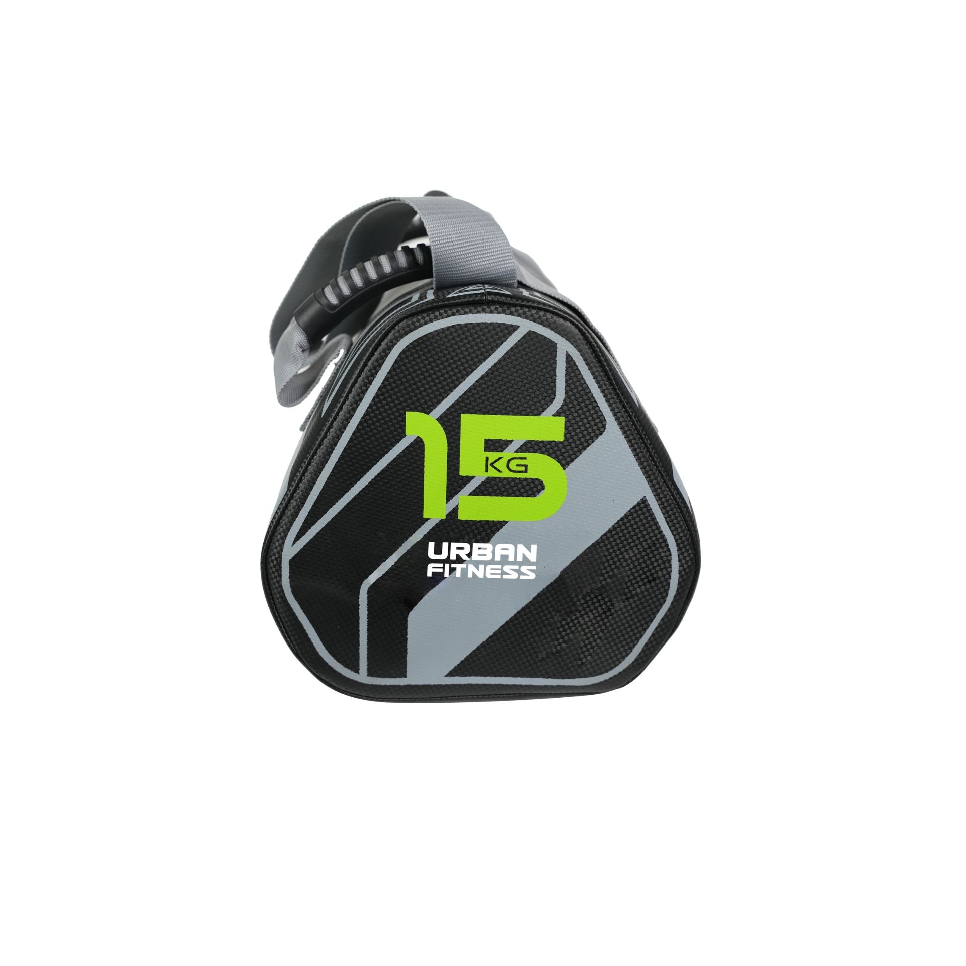 The Urban Fitness Power Bag is a black and gray triangular 15 KG bag with "URBAN FITNESS" in green and white on the front, plus a black handle with a gray grip—ideal for functional strength and full-body conditioning workouts.
