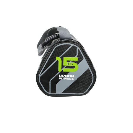 The Urban Fitness Power Bag is a black and gray triangular 15 KG bag with "URBAN FITNESS" in green and white on the front, plus a black handle with a gray grip—ideal for functional strength and full-body conditioning workouts.