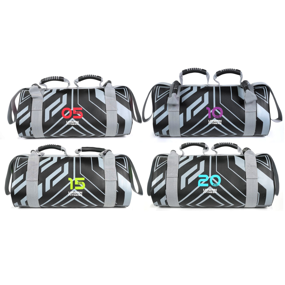 Four Urban Fitness Power Bags by Urban Fitness in black and gray with geometric patterns, each showing a different weight—5kg (red), 10kg (purple), 15kg (green), and 20kg (blue)—for full-body conditioning.