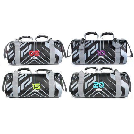Four Urban Fitness Power Bags by Urban Fitness in black and gray with geometric patterns, each showing a different weight—5kg (red), 10kg (purple), 15kg (green), and 20kg (blue)—for full-body conditioning.