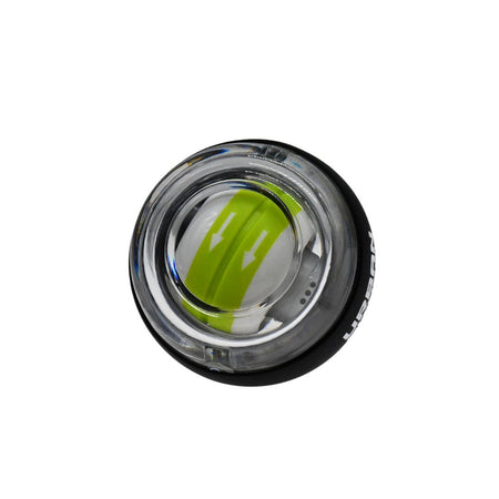 The Urban Fitness Wrist Exerciser Ball by Urban Fitness is a transparent, round ball with a green inner band and two white arrows, shown from above on a white background—perfect for boosting grip strength and preventing injuries.