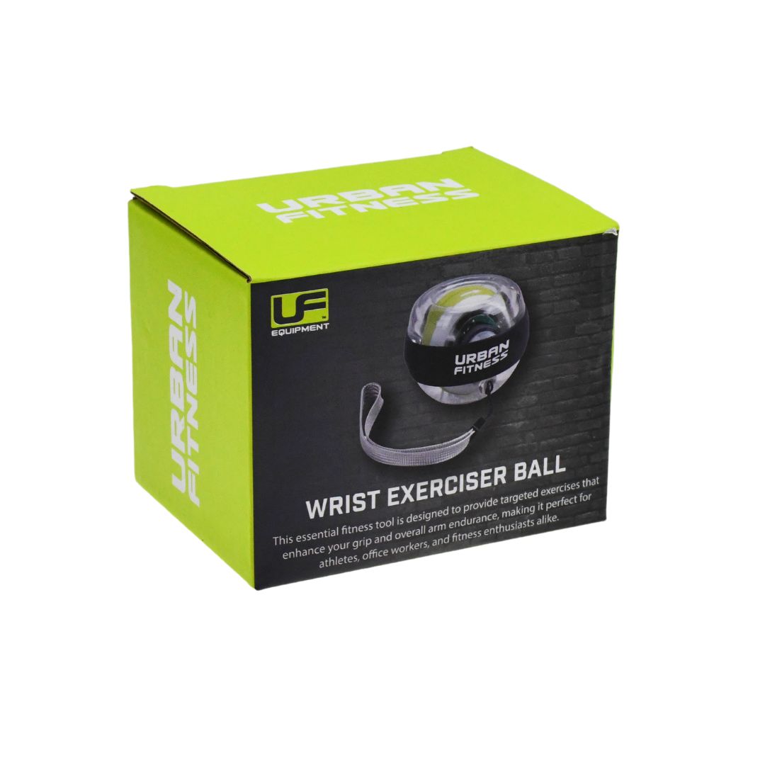 The Urban Fitness Wrist Exerciser Ball comes in a green and black box featuring an image of the ball and strap, with packaging that highlights grip strength, injury prevention, and benefits for athletes, office workers, and fitness fans.