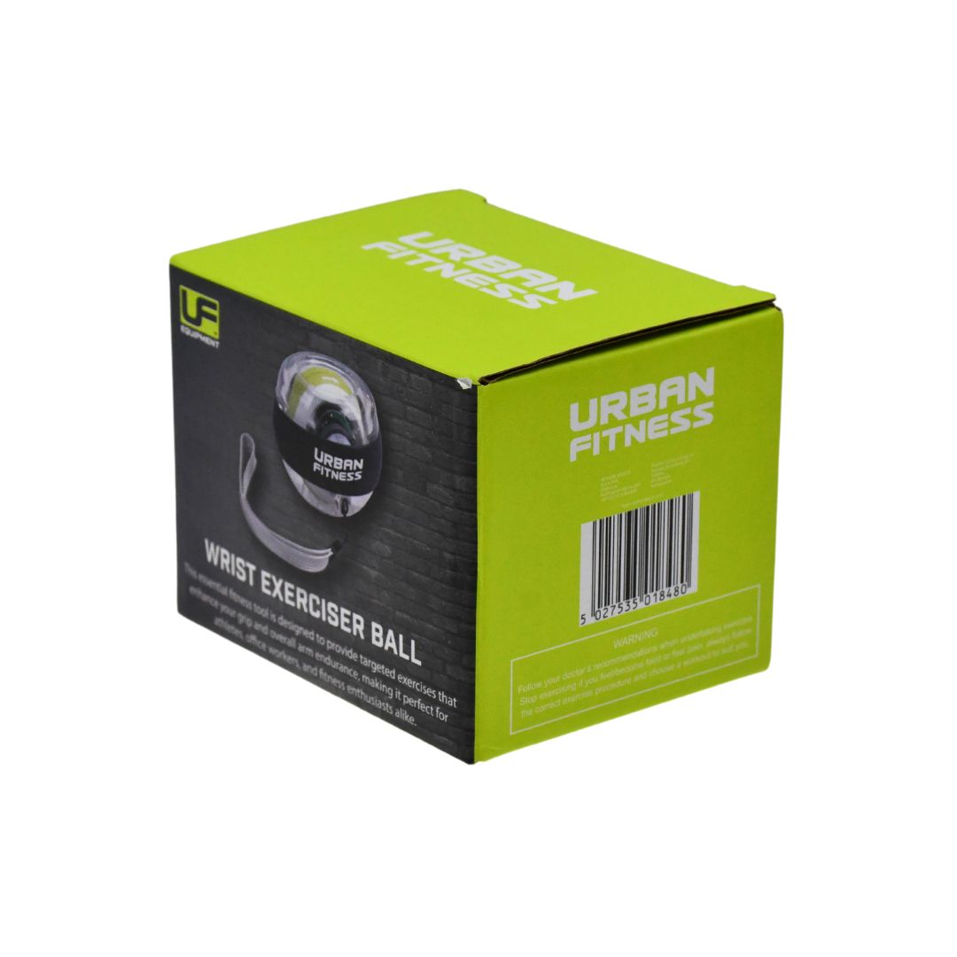 A green and black Urban Fitness box contains the Urban Fitness Wrist Exerciser Ball, with product image, barcode, and side text highlighting grip strength improvement and injury prevention.