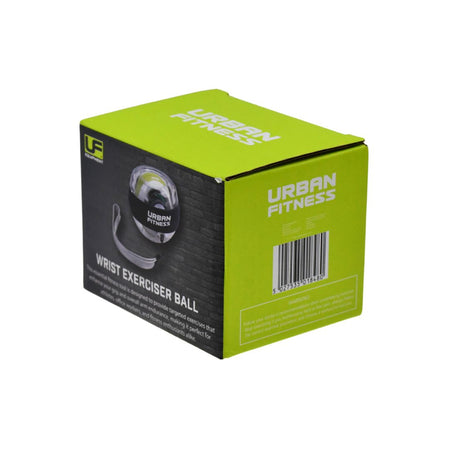 A green and black Urban Fitness box contains the Urban Fitness Wrist Exerciser Ball, with product image, barcode, and side text highlighting grip strength improvement and injury prevention.
