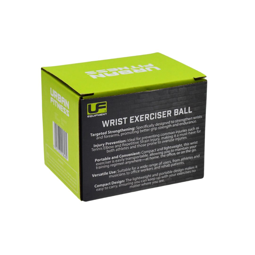 A green and black box labeled Urban Fitness Wrist Exerciser Ball highlights grip and forearm strengthening, injury prevention, portability, and a compact design.